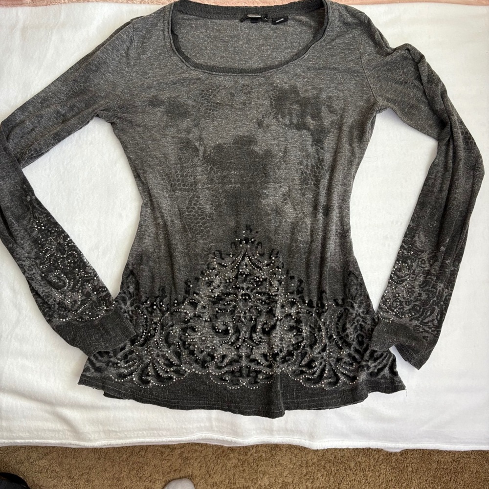 Y2k Miss Me Gray Acid Wash Rhinestone Burnout Velvet Damask Long Sleeve Top